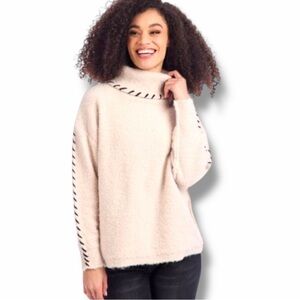Mud Pie Boucle Turtleneck Sweater S/M Beige Black Whipstitch Cozy Knit